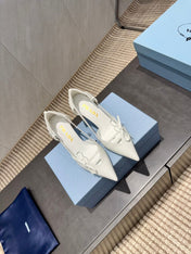 PRADA 26S POINTED TOE CUT OUT HIGH HEELS 75MM IN WHITE CALFSKIN WITH BOW