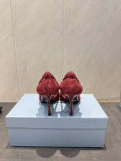 PRADA 26S POINTED TOE CUT OUT HIGH HEELS 75MM IN BURGUNDY RED SUEDE WITH BOW