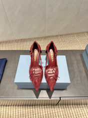 PRADA 26S POINTED TOE CUT OUT HIGH HEELS 75MM IN BURGUNDY RED SUEDE WITH BOW