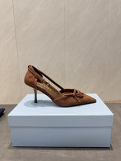 PRADA 26S POINTED TOE CUT OUT HIGH HEELS 75MM IN DARK BROWN SUEDE WITH BOW