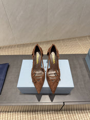 PRADA 26S POINTED TOE CUT OUT HIGH HEELS 75MM IN DARK BROWN SUEDE WITH BOW