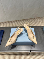 PRADA 26S POINTED TOE SLINGBACK HIGH HEELS 75MM IN BEIGE CALFSKIN