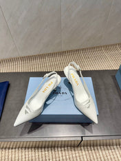 PRADA 26S POINTED TOE SLINGBACK HIGH HEELS 75MM IN WHITE CALFSKIN