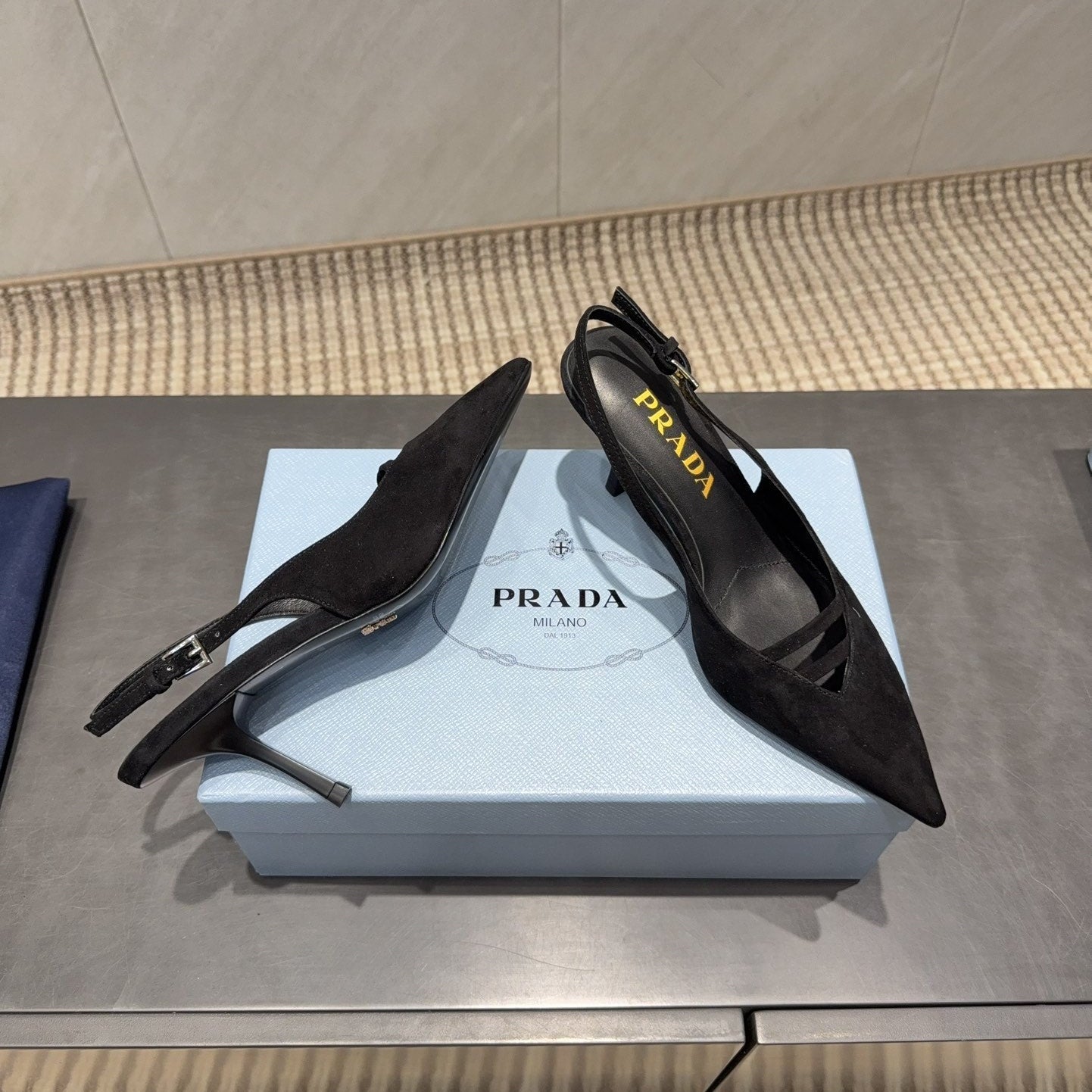 PRADA 26S POINTED TOE SLINGBACK HIGH HEELS 75MM IN BLACK SUEDE