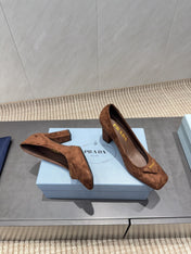 PRADA 26S SQUARE TOE HIGH HEELS 85MM IN CARAMEL BROWN SUEDE WITH LOGO