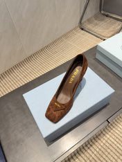 PRADA 26S SQUARE TOE HIGH HEELS 85MM IN CARAMEL BROWN SUEDE WITH LOGO