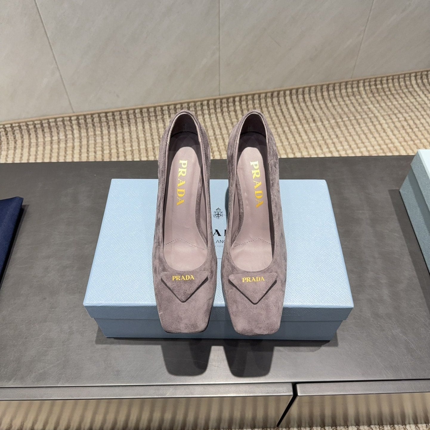 PRADA 26S SQUARE TOE HIGH HEELS 85MM IN TAUPE BROWN SUEDE WITH LOGO