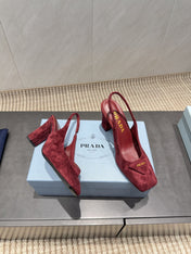 PRADA 26S LOW HEEL SQUARE TOE SLINGBACK SHOES 85MM IN DARK RED SUEDE WITH LOGO