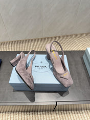 PRADA 26S LOW HEEL SQUARE TOE SLINGBACK SHOES 85MM IN TAUPE BROWN SUEDE WITH LOGO