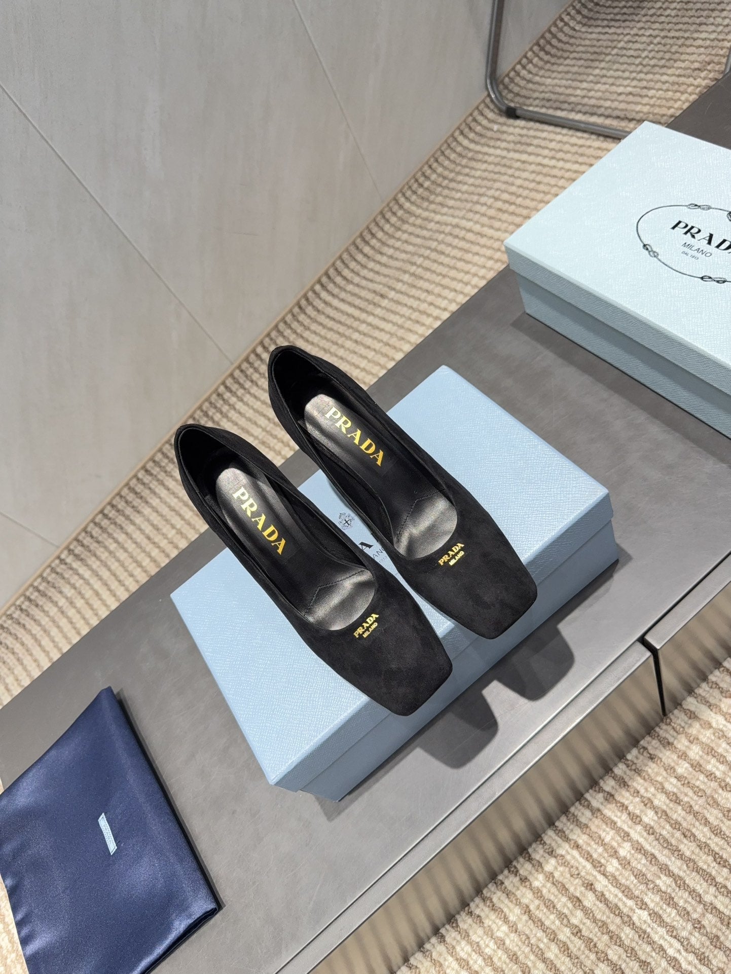 PRADA 26S SQUARE TOE HIGH HEELS 85MM IN BLACK SUEDE