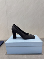 PRADA 26S SQUARE TOE HIGH HEELS 85MM IN BLACK SUEDE