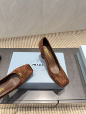 PRADA 26S SQUARE TOE HIGH HEELS 85MM IN CARAMEL BROWN SUEDE