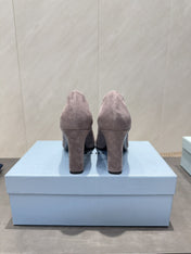 PRADA 26S SQUARE TOE HIGH HEELS 85MM IN TAUPE BROWN SUEDE