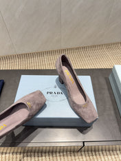 PRADA 26S SQUARE TOE HIGH HEELS 85MM IN TAUPE BROWN SUEDE