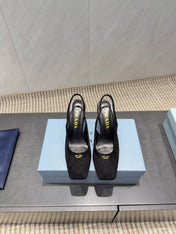 PRADA 26S LOW HEEL SQUARE TOE SLINGBACK SHOES 85MM IN BLACK SUEDE