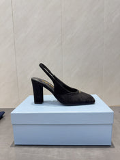 PRADA 26S LOW HEEL SQUARE TOE SLINGBACK SHOES 85MM IN BLACK SUEDE