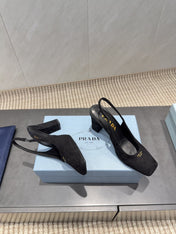 PRADA 26S LOW HEEL SQUARE TOE SLINGBACK SHOES 85MM IN BLACK SUEDE