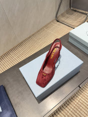 PRADA 26S LOW HEEL SQUARE TOE SLINGBACK SHOES 85MM IN DARK RED SUEDE