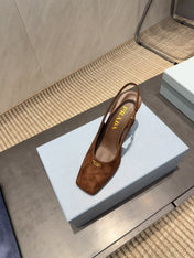PRADA 26S LOW HEEL SQUARE TOE SLINGBACK SHOES 85MM IN CARAMEL BROWN SUEDE