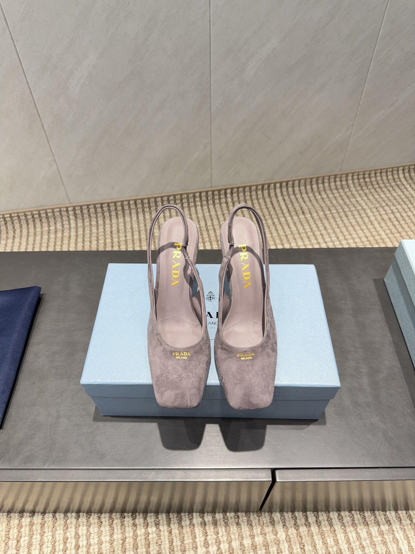 PRADA 26S LOW HEEL SQUARE TOE SLINGBACK SHOES 85MM IN TAUPE BROWN SUEDE