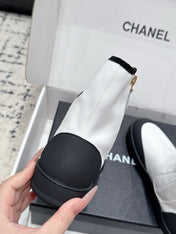 CHANEL 26S ZIPPER BOOTS IN WHITE MIX BLACK FABRIC AND LAMBSKIN