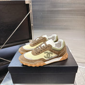 CHANEL 26S LOW TOP SNEAKERS IN BROWN SUEDE AND GREEN FABRIC WITH RUBBER SOLE