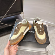 CHANEL 26S LOW TOP SNEAKERS IN BROWN SUEDE AND GREEN FABRIC WITH RUBBER SOLE