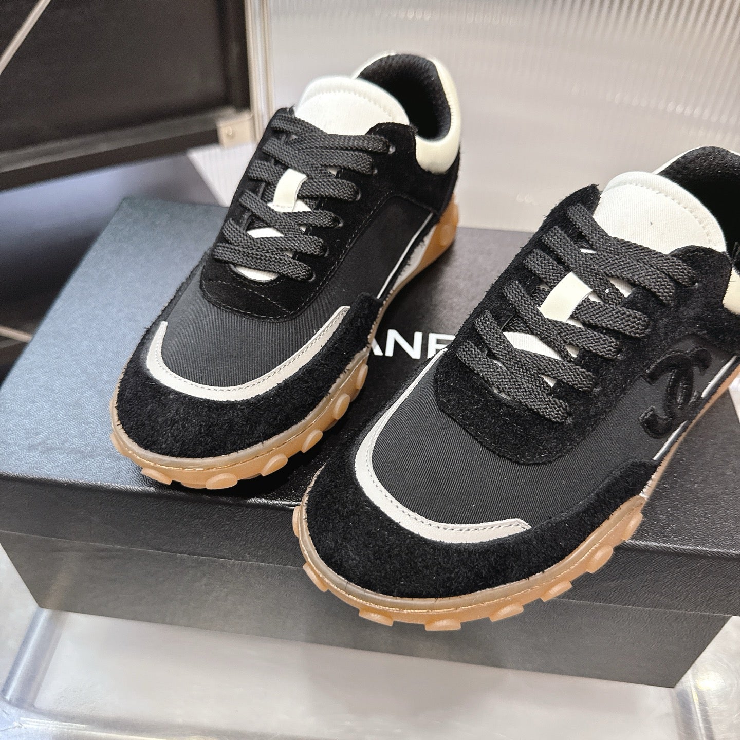 CHANEL 26S LOW TOP SNEAKERS IN BLACK SUEDE AND BLACK FABRIC WITH RUBBER SOLE