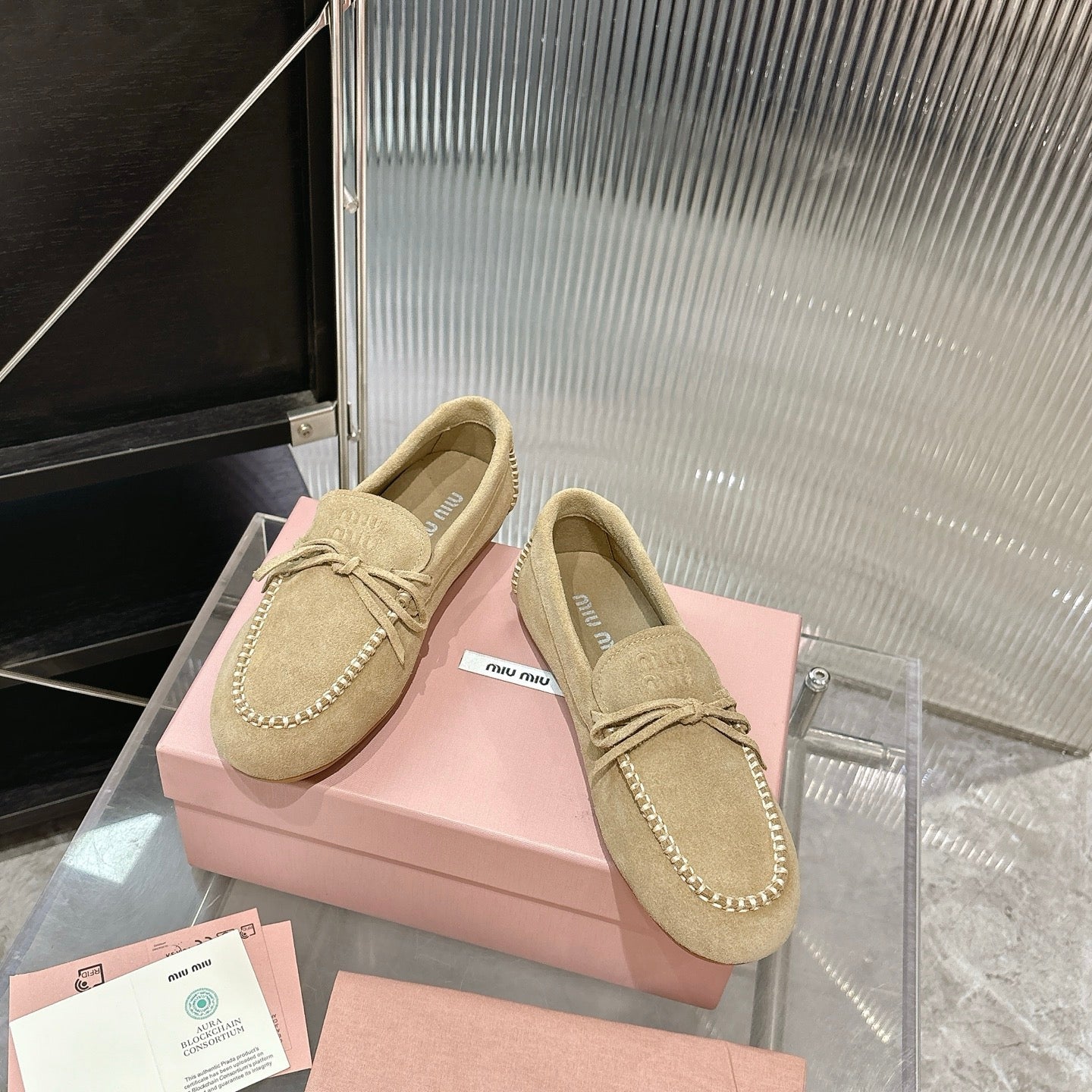MIUMIU 26S LOAFERS IN LIGHT BROWN SUEDE WITH BOW