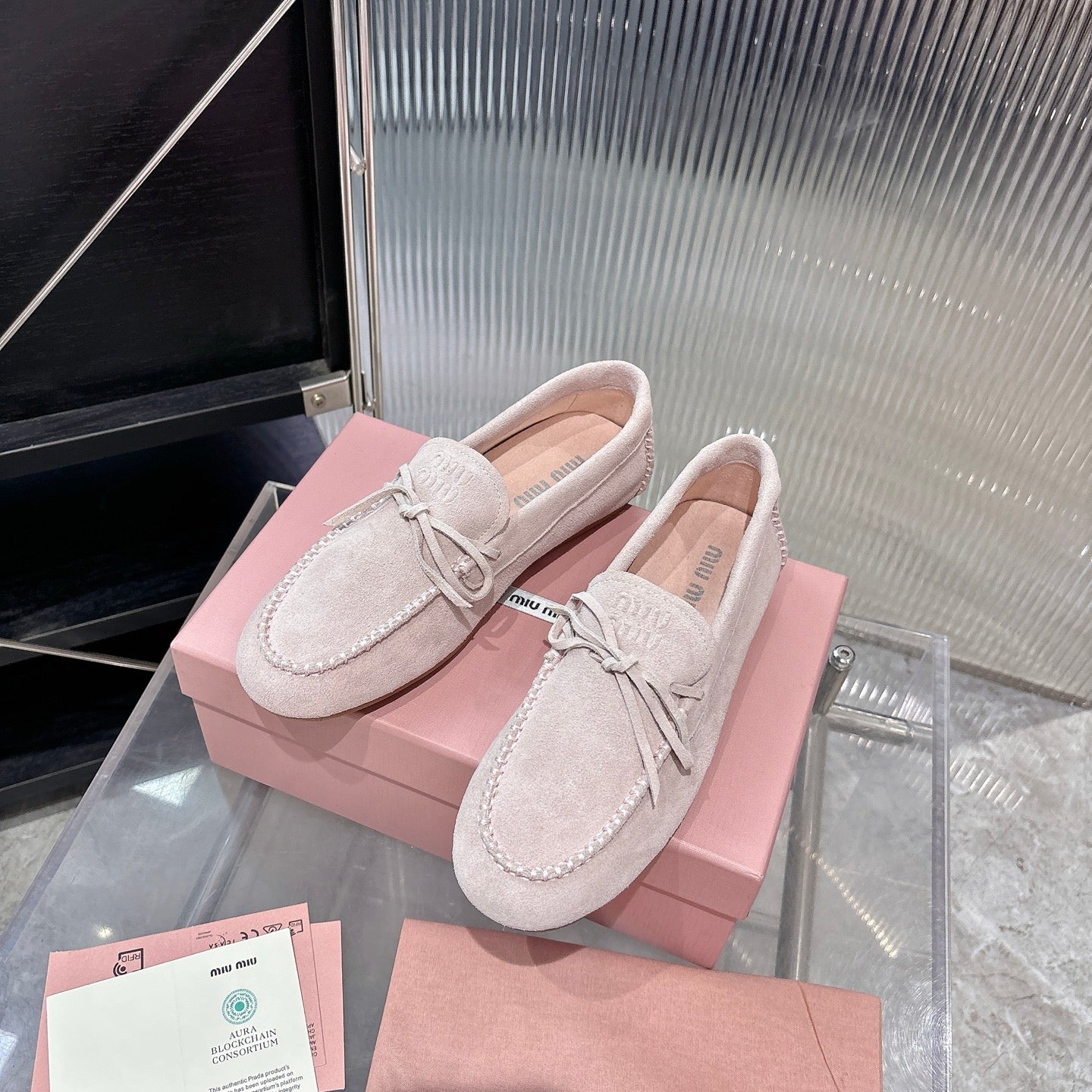 MIUMIU 26S LOAFERS IN LIGHT PINK SUEDE WITH BOW