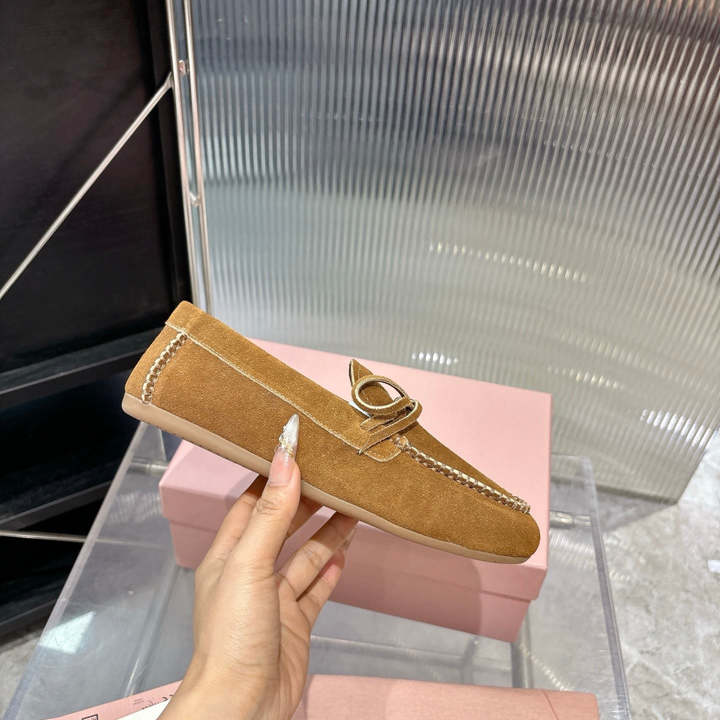 MIUMIU 26S LOAFERS IN TAN BROWN SUEDE WITH BOW