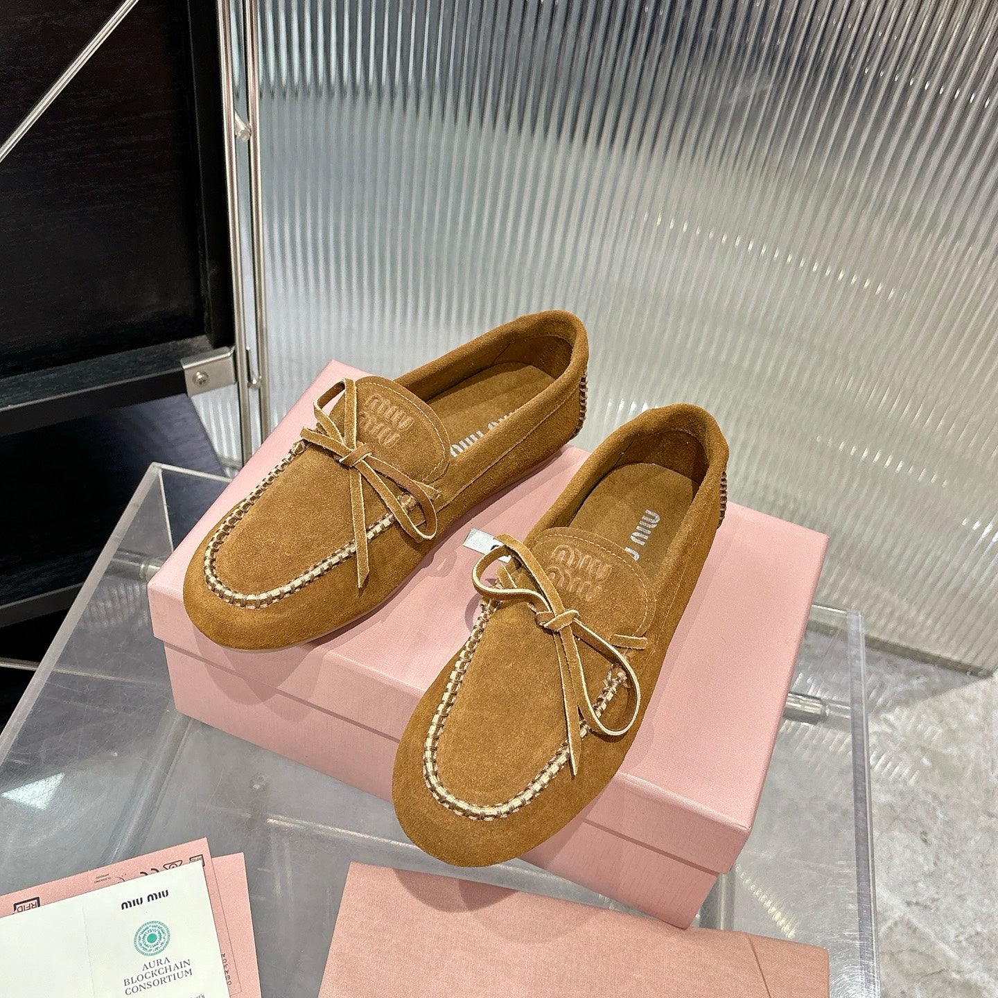 MIUMIU 26S LOAFERS IN TAN BROWN SUEDE WITH BOW