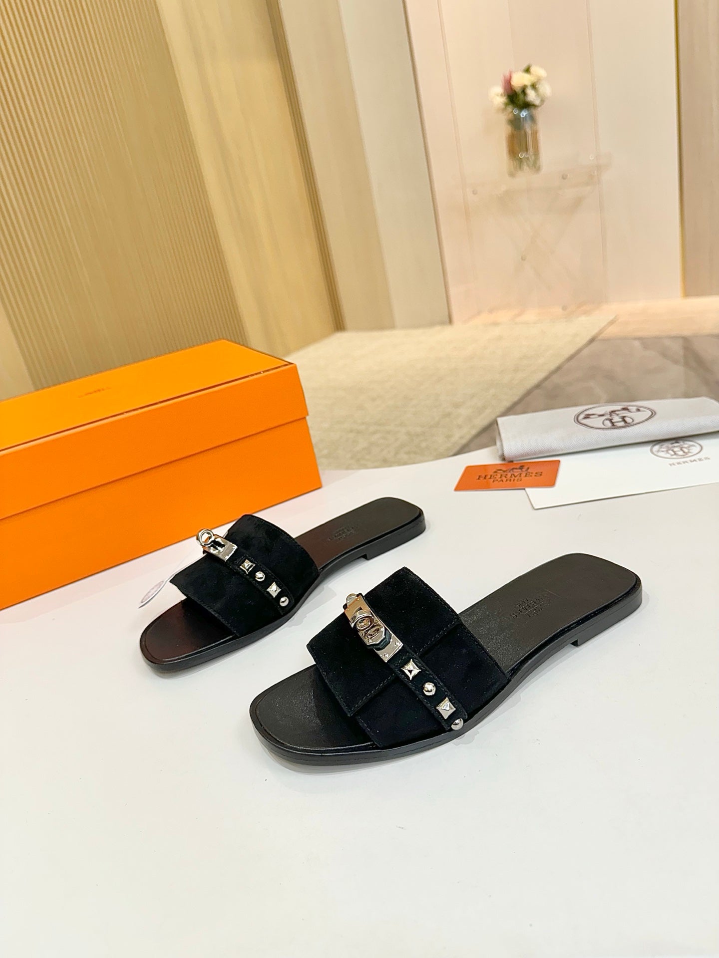 HM 26S GIULIA SANDAL IN BLACK SUEDE AND CALFSKIN SILVER HARDWARE