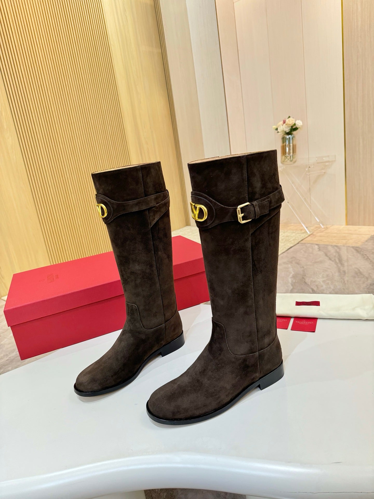 VALENTINO 26S TALL BOOTS IN DARK BROWN SUEDE