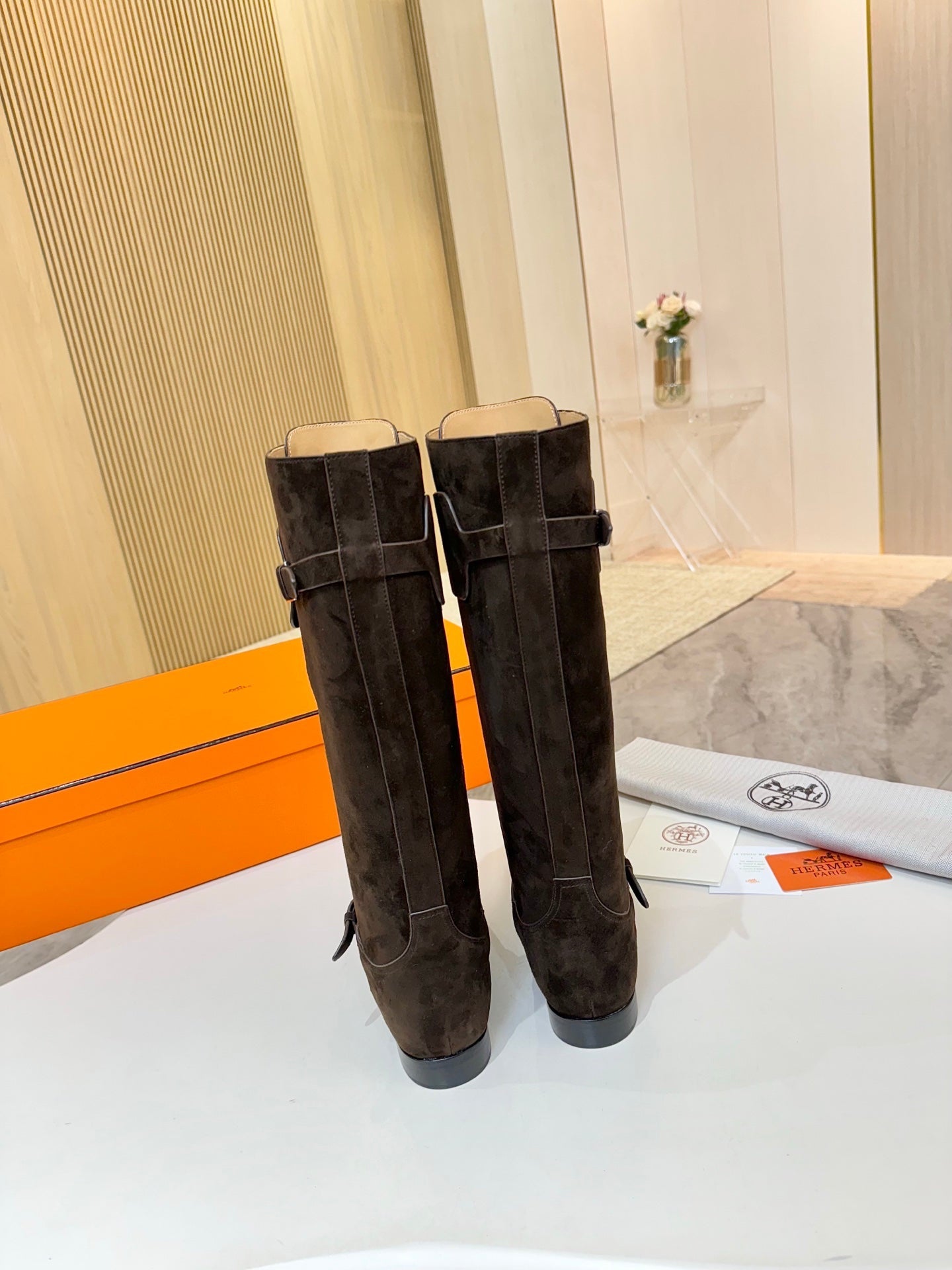 HM 25S RIDING BOOTS IN DARK COFFEE BROWN SUEDE WITH SILVER HARDWARE