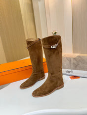 HM 25S JUMPING KNEE-HIGH BOOTS IN BROWN SUEDE WITH SILVER HARDWARE