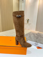 HM 25S KELLY KNEE-HIGH BOOTS IN BROWN SUEDE WITH SILVER HARDWARE