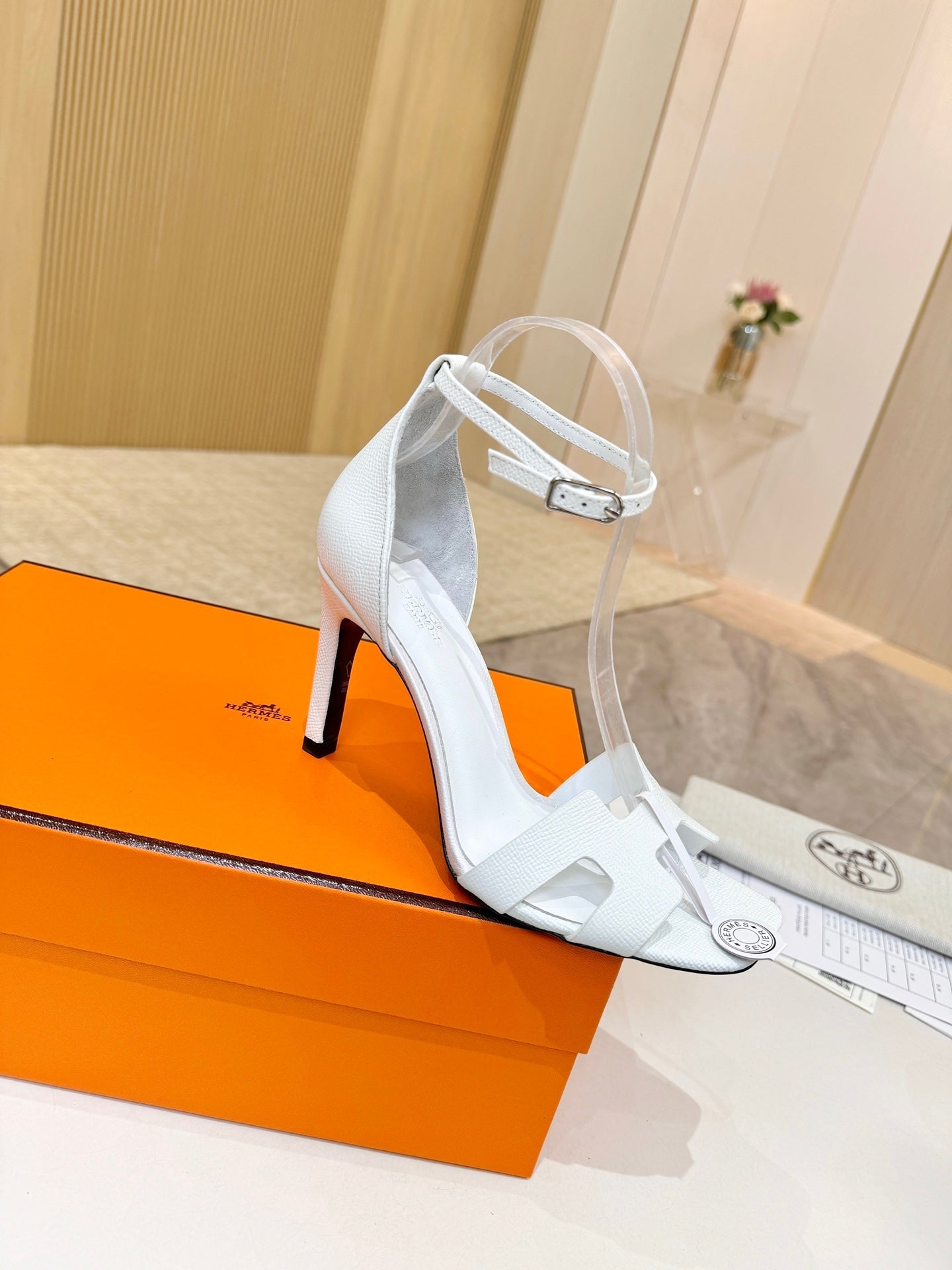 HM 26S H HIGH HEEL SANDALS 90MM IN WHITE GRAINED CALFSKIN