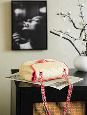 CHANEL 26S CLASSIC FLAP MEDIUM 23 IN NATURAL RAFFIA AND PINK CALFSKIN GOLD HARDWARE