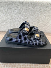 DAD SANDAL IN BLACK MIX WHITE DENIM FABRIC MULE