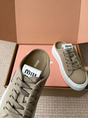 WASH SNEAKER MULES IN DARK BEIGE DENIM STRIPED LACES