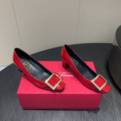 ROGER VIVIER 25S BELLE VIVIER PUMPS 45MM IN CRIMSON RED CALFSKIN GOLD BUCKLE