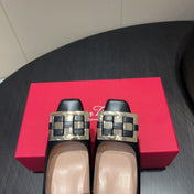 ROGER VIVIER 25S TROMPETTE SQUARE TOE HIGH HEELS 45MM IN BLACK SHINY CALFSKIN