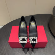 ROGER VIVIER 25S POINTED TOE HIGH HEELS 70MM IN BLACK VELVET EMBELLISHED CRYSTALS