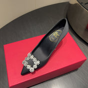 ROGER VIVIER 25S POINTED TOE HIGH HEELS 70MM IN BLACK SILK EMBELLISHED CRYSTALS