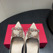 ROGER VIVIER 25S POINTED TOE HIGH HEELS 70MM IN NUDE SILK EMBELLISHED CRYSTALS