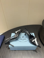 PRADA 25S POINTED TOE SLINGBACK 85MM IN BLACK LAMBSKIN WITH TIE UP DESIGN