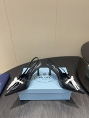 PRADA 25S POINTED TOE SLINGBACK 85MM IN BLACK LAMBSKIN WITH TIE UP DESIGN