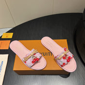 LV SLIDE SANDALS 25S IN LIGHT PINK DENIM AND CALFSKIN WITH CHERRY BLOSSOM BUCKLE