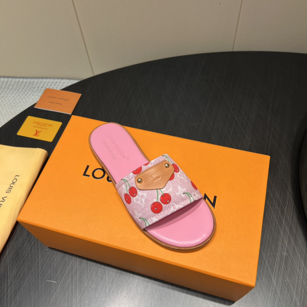 LV SLIDE SANDALS 25S IN PINK DENIM AND CALFSKIN WITH LOGO PRINT